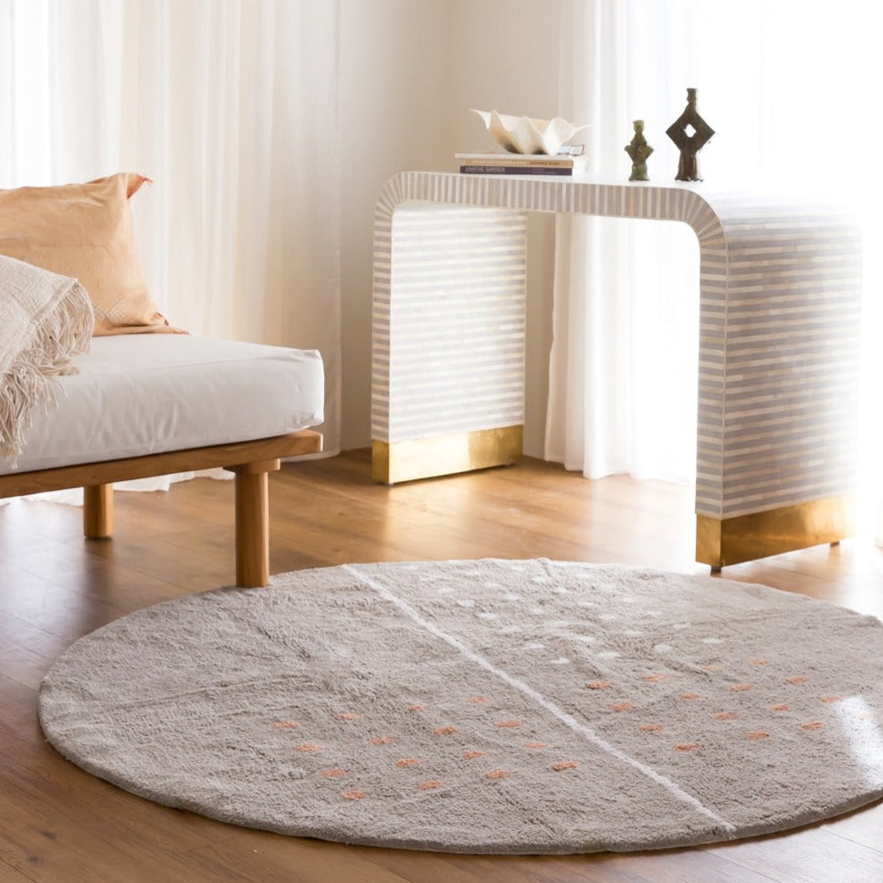 Grid Grey Round Washable Rug